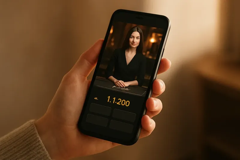 Casino App Preview Hand holding smartphone showing dark casino app with live dealer preview