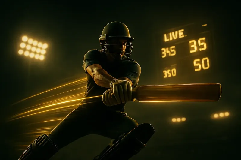 Dynamic Cricket Action Cricket athlete in motion with neon speed trail under stadium floodlights