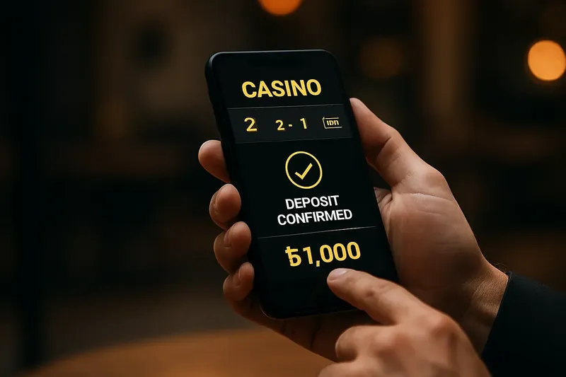 Man typing on smartphone casino app with taka deposit confirmation