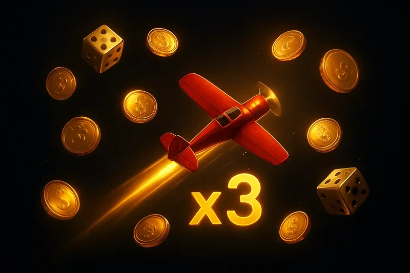 Aviator Crash Game Red airplane crash game with glowing multiplier, coins, and dice