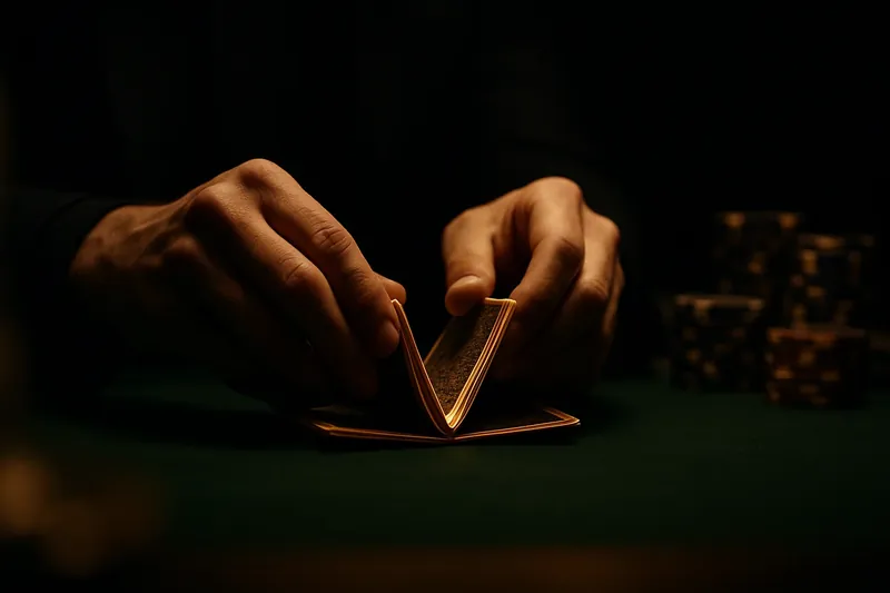 Dealer Shuffling Cards Close-up dealer hands shuffling cards above green felt with premium chips