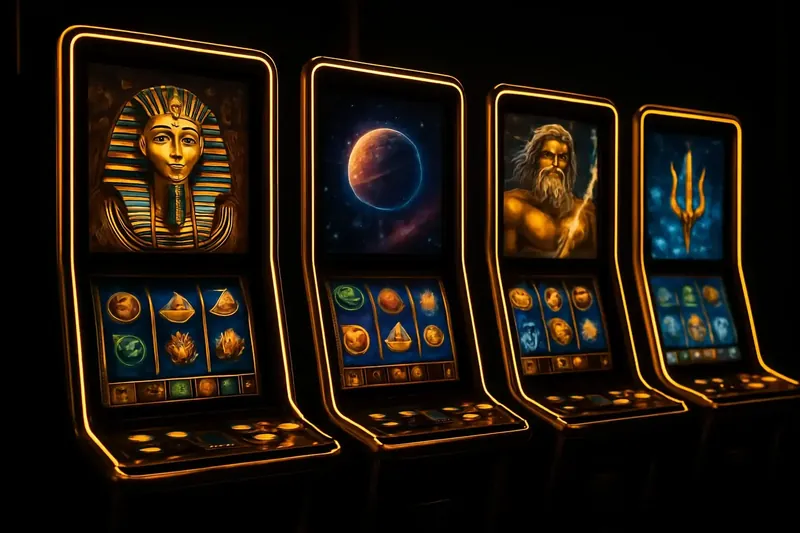 Modern Slot Machine Bank Five vivid video slot machines with neon lighting and themed screens